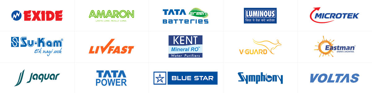 Authorized dealer brand logos including Exide, Amaron, Tata Green Batteries, Luminous, Microtek, Su-Kam, Livfast, Kent, V-Guard, Eastman, Jaquar, Tata Power, Blue Star, Symphony, and Voltas